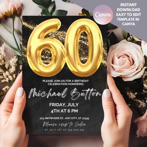 Elegant 60th Birthday Invitation for Him or Her – Editable Digital Template for 60th Party – Gold & Black Milestone Invite Instant Download