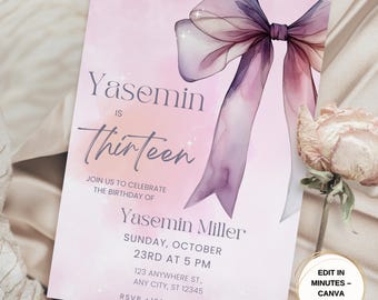 Pink Bow 13th Birthday Invitation: Editable Coquette Template (Digital)
