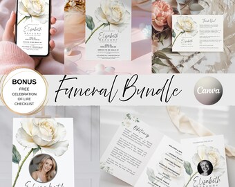 Paquete de invitaciones para funerales de la Rosa Blanca: plantilla de Canva, paquete de celebración de la vida