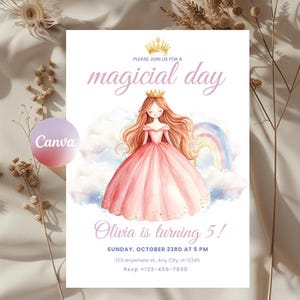 Princess Birthday Invitation – Editable Canva Template | Fairy Tale Party | Pink & Gold | Girls Birthday Invite | Free Canva Version