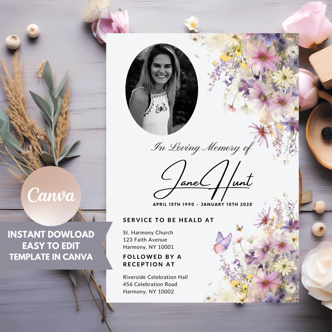 Editable Funeral Invitation Template | Floral Celebration of Life ...