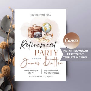 Uitnodiging voor feest met pensioen reizen voor mannen • Bewerkbare canvassjabloon • Vintage koffer wereldbolthema • Afdrukbare digitale download voor Canva