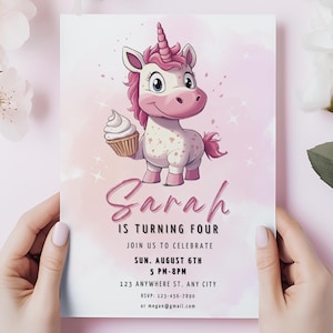 Einhorn Einladung zum 4. Geburtstag für Mädchen - Bearbeitbare rosa Canva Vorlage - Druckbare Cupcake Geburtstagsparty Karte - Sofort Download