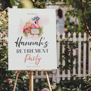 Retirement Welcome Sign – Flamingo Theme | Editable Canva Template | Funny Tropical Farewell Sign | Bye Bye Office Sign Printable | Retire