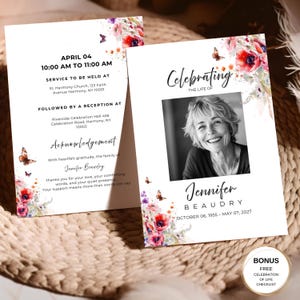 Modèle de programme de funérailles florales de papillon | Carte commémorative modifiable sur toile Célébration de la vie | Conception de service imprimable recto-verso