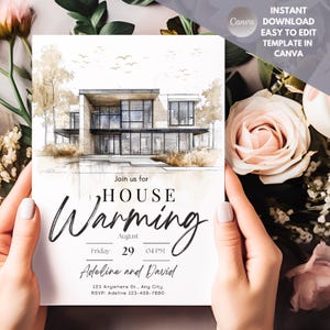 Sjabloon voor uitnodiging moderne housewarming - bewerkbare nieuwe uitnodiging voor feest thuis - afdrukbare canva downloaden - huiskaart minimalistische architectuur
