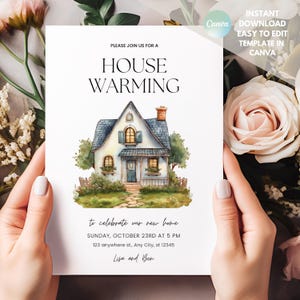 Afdrukbare sjabloon housewarminguitnodiging | Nieuwe thuiskaart aquarel | Bewerkbaar canvasontwerp | Direct downloaden om zelf te printen