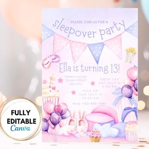 Pink Pajama Sleepover Invitation: 13th Birthday Canva Template (Digital Download)
