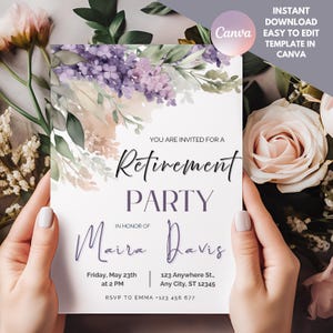 Invito floreale per la festa di pensionamento per donne • Modello Canva modificabile • Acquerello lilla e verde • Biglietto di addio digitale stampabile