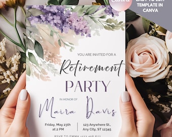Floral Retirement Party Invitation: Watercolor Lilac, Editable Canva Template (Digital Download)