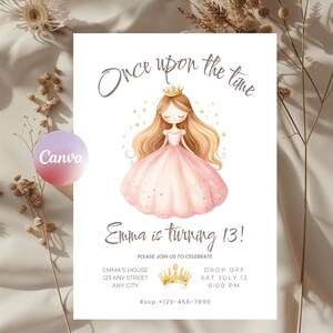 Princess Birthday Invitation – Editable Canva Template | Fairy Tale Party | Pink & Gold | Girls Birthday Invite | Free Canva Version