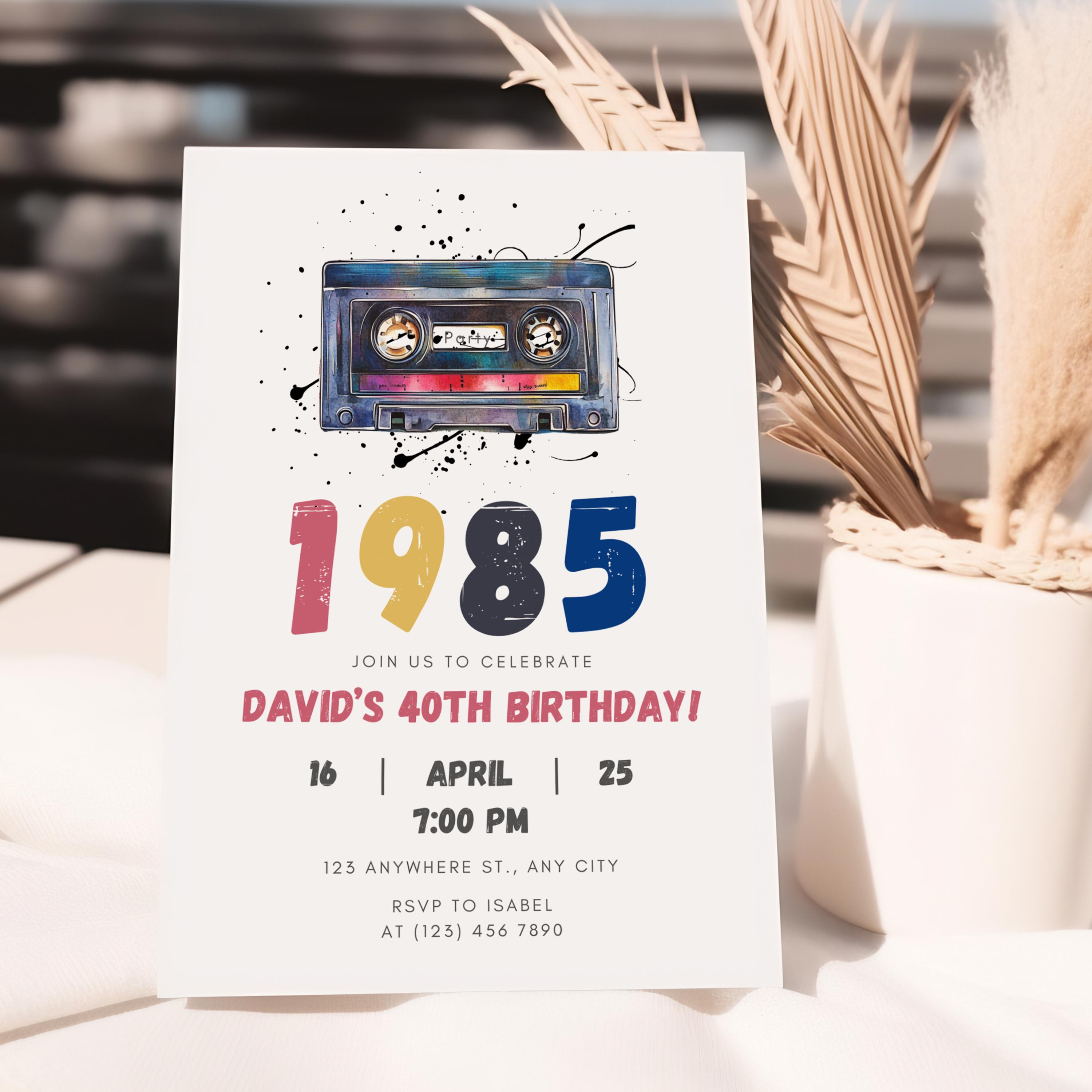 Retro 1985 Birthday Invitation: Cassette Tape Theme (editable
