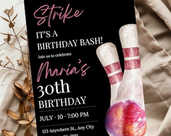 Bowling Birthday Invitation: Watercolor Party, Editable Canva Template (Digital Download)