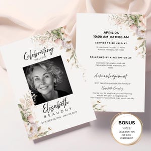 Invitation célébration de la vie avec photo | Modèle modifiable pour les funérailles en toile | Carte commémorative florale + liste de contrôle pour les funérailles en prime | Télécharger