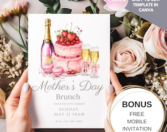 Watercolor Mother's Day Brunch Invitation: Champagne & Cake (Digital Download)