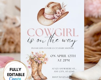 May include: A baby shower invitation with a watercolour design. The invitation features a cowboy hat, cowboy boots with flowers, and the text "COWGIRL is on the way". The invitation is fully editable in Canva.