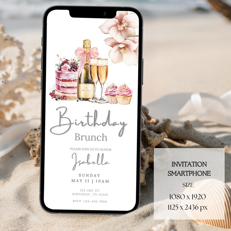 Pink and gold Champagne Brunch Invitation Template for 40th birthday party. Editable in Canva Free, this digital mimosa invite features watercolor cupcakes, champagne bottles and glittery floral details. Perfect for milestone birthday events, brunch with the girls or backyard gatherings. Includes printable 5x7 and mobile-friendly vertical versions for digital delivery.