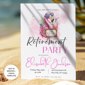 Modèle de toile Invitation drôle de fête de la retraite flamant rose pour femme, carte modifiable tropicale, adieu de professeur, téléchargement numérique d'été de plage