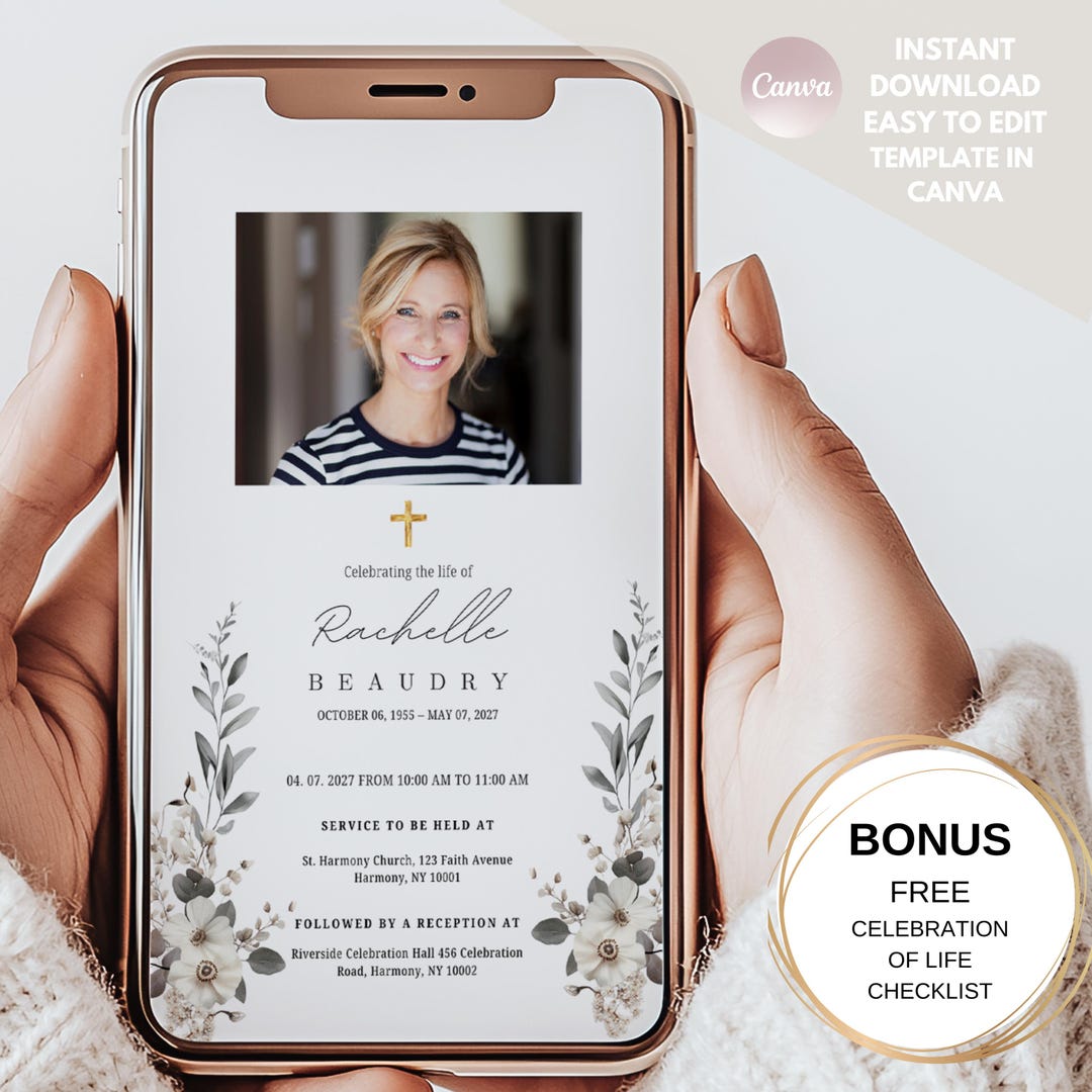 Editable Digital Funeral Evite | Smartphone Memorial Invitation | Canva ...