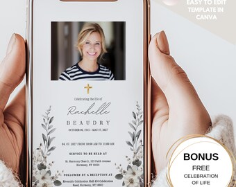 Elegant Funeral Invitation Template: Smartphone Memorial Evite (Canva, Digital Download)