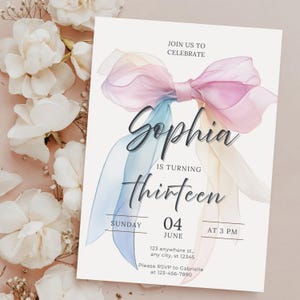 Bearbeitbare 13. Geburtstagseinladung für Mädchen, Aquarellschleife Teen Party einladen, druckbare Canva-Vorlage, Pastellmädchen-Geburtstagskarte