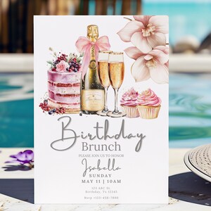 Elegant Mimosa and Champagne Brunch Invite for Her – fully customizable Canva birthday invitation. Perfect for brunch-themed birthday parties, garden events or girly get-togethers. Features mobile phone invitation formats and a printable version. Ideal for digital invitations for 30th, 40th or 50th birthday brunches. Quick and easy edit with Canva – no design skills needed.
