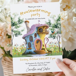Skurrile Einweihungsparty-Einladung, feenhaftes Cottage, bearbeitbare neue Hausparty einladen, druckbare Gartenfeierkarte, Canva-Vorlage