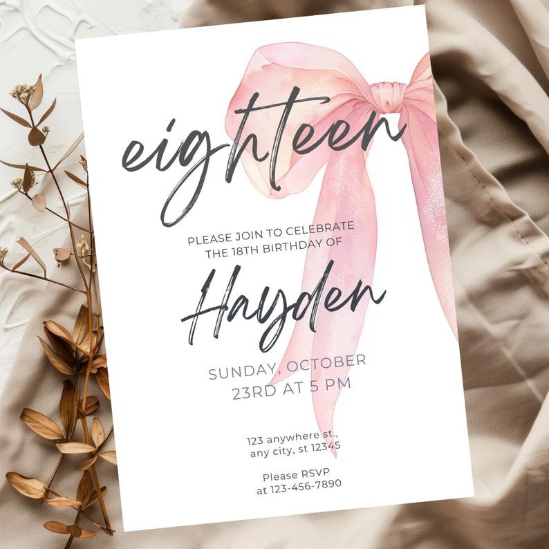 Blush Pink 18th Birthday Invitation: Elegant Bow Canva Template ...