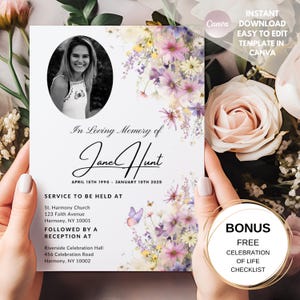 Faire-part funéraire imprimable | de Carte commémorative florale | Annonce modifiable de célébration de la vie | Impression sur toile | Liste de contrôle gratuite