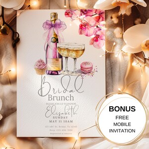 Brautbrunch-Einladungsvorlage mit Blumen Champagner | Floral Brautparty einladen | Bearbeitbare Canva Download | Eleganter Hochzeitsbrunch