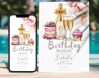 Convite para Brunch de Aniversário com Champanhe Floral: Modelo Editável do Canva (Incluso para Celular e Impressão)
