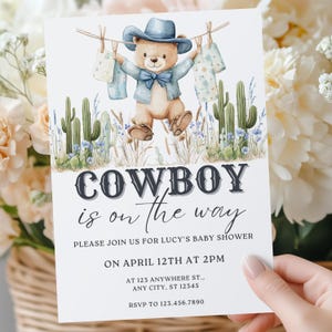 Little Cowboy Is On the Way – Rustic Western Baby Shower Invitation, Editable Cactus Theme Template for Boys, Country Baby Sprinkle Invite