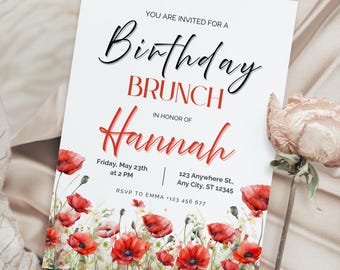Zaproszenie na urodzinowy brunch z makami: edytowalny szablon Canva (cyfrowy)