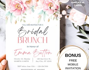 Floral Bridal Brunch Invitation Template: Pink Watercolor (Canva Editable, Digital)