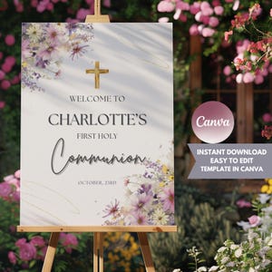 First Holy Communion Welcome Sign Girl Floral Cross | Printable Canva Template | Editable Communion Sign | Digital Download Poster Decor