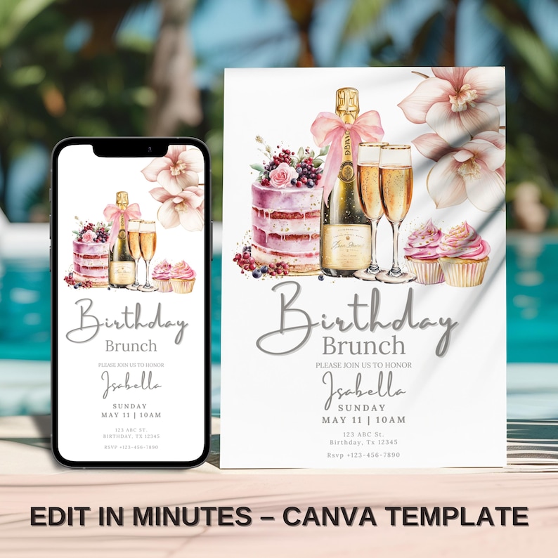 Editable Champagne Brunch Birthday Invitation for Women with pink and gold design, mimosa theme and elegant watercolor champagne bottle. Perfect Canva template for 30th, 40th, 50th birthday brunch celebrations. Printable and mobile versions included, ideal for text message or email invites. Great for classy garden brunch, ladies' morning party or floral themed celebration.