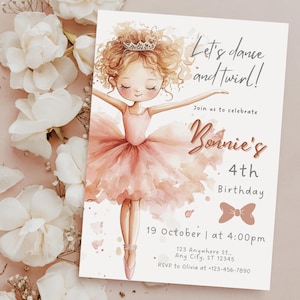 Faire-part d'anniversaire ballerine • Modèle de toile modifiable • Invitation à une fête de ballet fille blonde bouclée • Tutu rose imprimable en téléchargement numérique