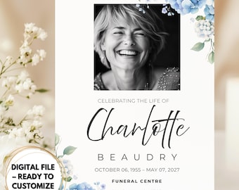 May include: A white funeral card with a black and white photo of a smiling woman. The card includes text that reads "Celebrating the Life of Charlotte Beaudry" and "Funeral Centre". Blue floral accents and the Canva logo are also visible.