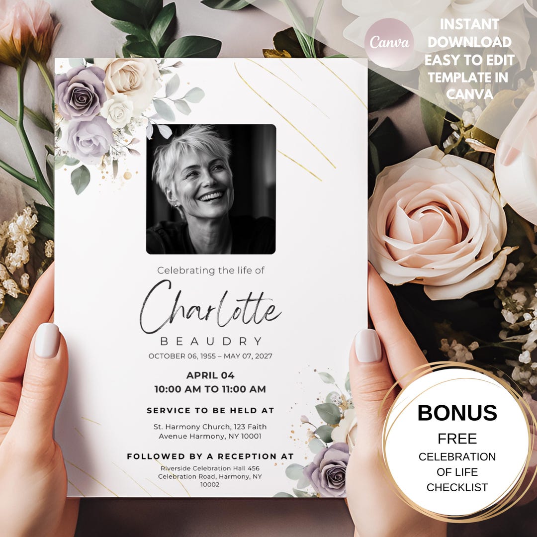 Elegant Floral Funeral Invitation Template: Celebration of Life (canva ...