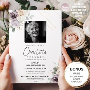 Elegante Trauereinladungs-Vorlage mit Foto Digitale Trauer einladen | Bearbeitbare Canva Vorlage | Feier des Lebens Printable | Leinwand