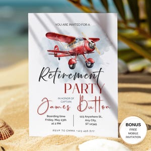 Invito al pensionamento del pilota - Modello Canva modificabile - Tema aereo - Invito alla festa del capitano - Download digitale - Festa di pensionamento dell'aviazione