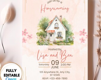 Watercolor Cottage Housewarming Invitation: Editable Canva Template (Digital Download 5x7" )