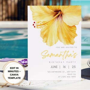 Tropical Birthday Invitation Canva Template | Hibiscus Flower Editable Party Invite | Summer Pool Party Download | Instant Digital Invite