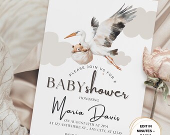 Faire-part de baby shower aquarelle cigogne : modèle modifiable (téléchargement numérique)