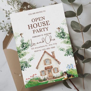 Party Einladung zum Tag der offenen Tür bedruckbar mit Berner Sennenhund – Bearbeitbare Housewarming Vorlage – Gemütliches Landhaus Neues Zuhause Einladen