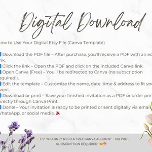 Może przedstawiać: Przewodnik po pobieraniu cyfrowym szablonu Canva. Przewodnik zawiera instrukcje dotyczące pobierania pliku PDF, otwierania linku Canva, edytowania szablonu i pobierania lub drukowania gotowej zaproszenia. Przewodnik wspomina r&oacute;wnież, że wymagane jest bezpłatne konto Canva.