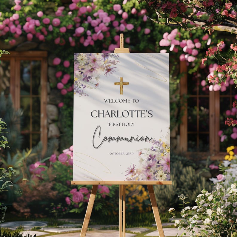 Communion Post Sign Floral First Communion Welcome Sign Girl: Editable Canva Template ...