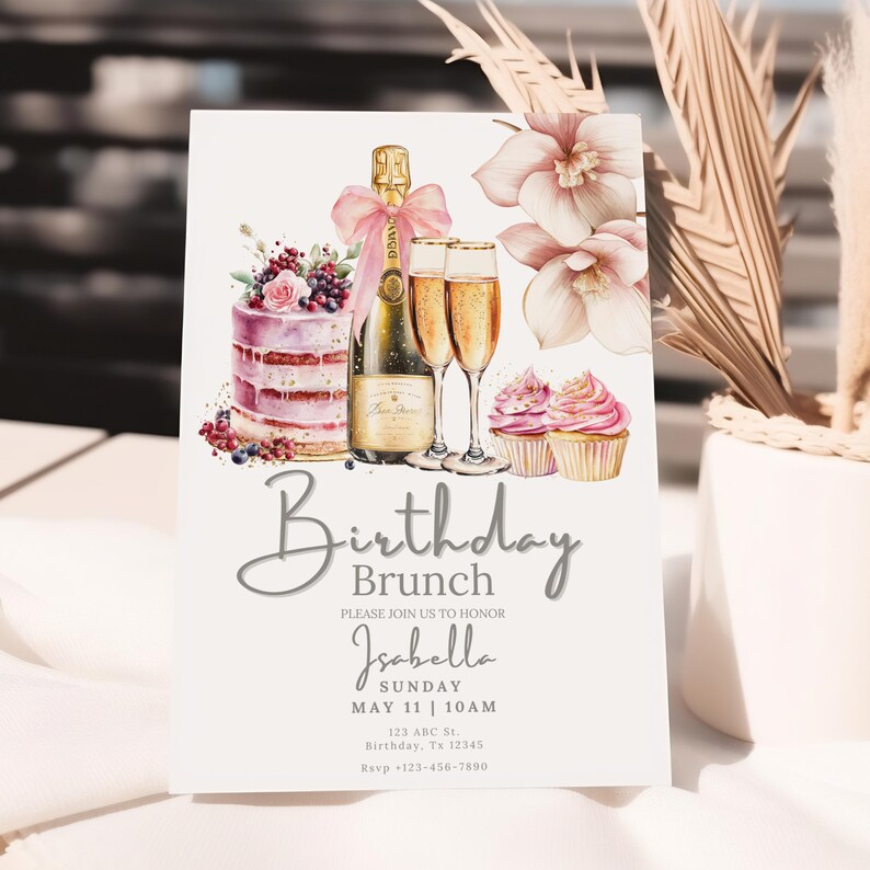Stylish 30th Birthday Brunch Invitation Canva Template – ideal for modern champagne brunch celebrations. Pink and blush tones with florals and gold accents make this editable invite perfect for texting, emailing or printing at home. Great for any milestone age like 50th birthday, girls' brunch, boho mimosa bar or Sunday celebration. Instant download included.