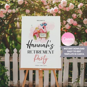 Panneau de bienvenue pour la retraite – Thème Flamant rose | Modèle de toile modifiable | Panneau d'adieu tropical drôle | Affiche Bye Bye Office imprimable | Retraite