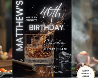 Invitación de cumpleaños con cata de whisky: Añejado a la perfección (plantilla editable de Canva)